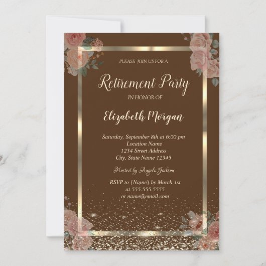 Invitation Gold Frame Confetti Boho Roses retraite Brown (Devant)