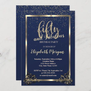 Invitation Gold Frame Confetti Marine Blue 50e fête d'anniver