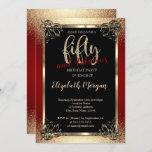 Invitation Gold Frame, Confetti Red 50th Birthday Party<br><div class="desc">Cadre en or élégant,  bordure sur un arrière - plan rouge.</div>