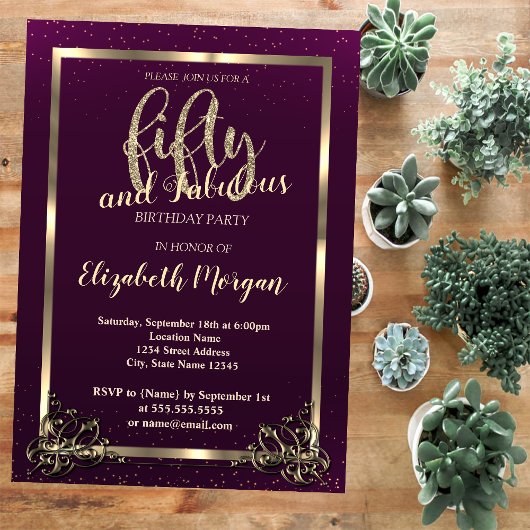 Invitation Gold Frame Confetti Violet 50e fête d'anniversaire