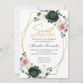 Invitation Gold frame emerald green floral Sweet 16 invite (Devant)