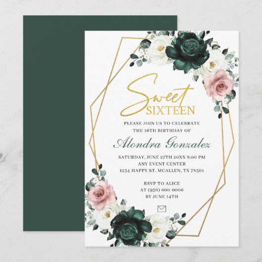 Invitation Gold frame emerald green floral Sweet 16 invite (Devant / Derrière)