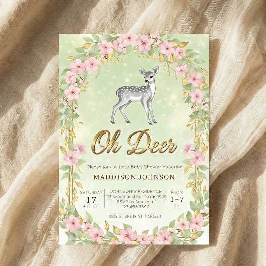 Invitation gold frame flower deer baby shower