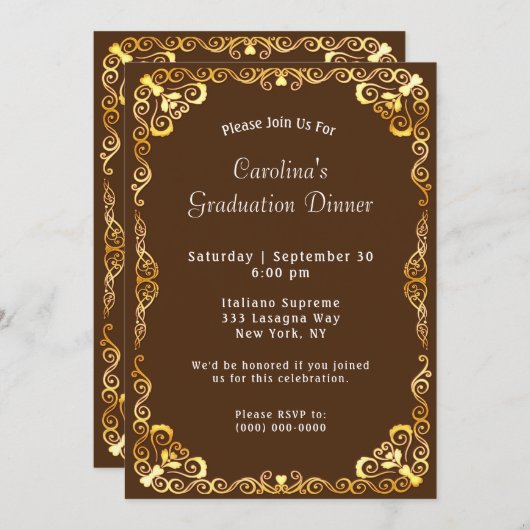Invitation Gold Frame Graduation Brown (Devant / Derrière)