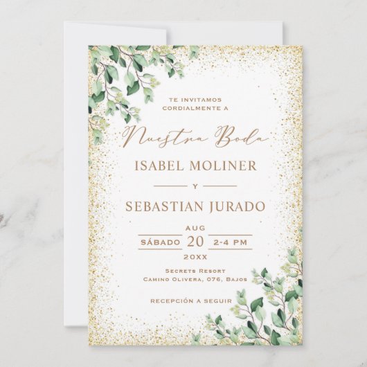 Invitation Gold Frame Green Nuestra Boda Mariage espagnol (Devant)