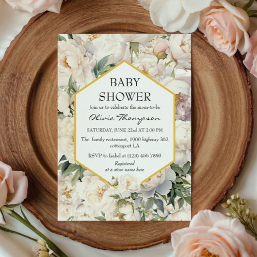 Invitation Gold Frame Ivory Peony Garden Baby Shower