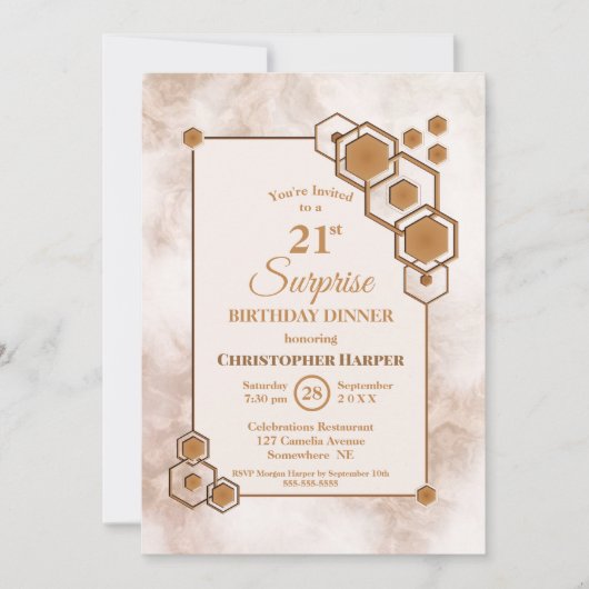 Invitation Gold Frame Marble Surprise 21e anniversaire Dîner (Devant)