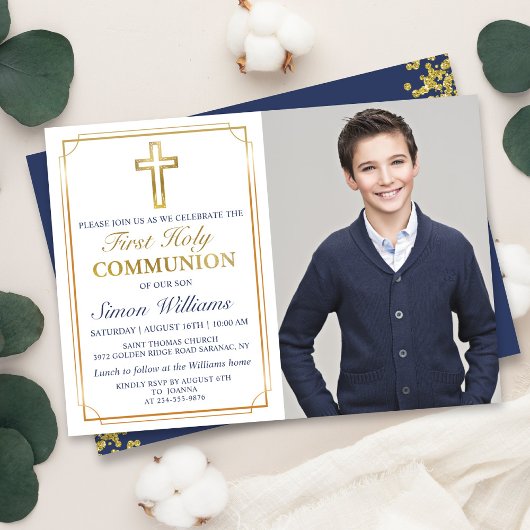 Invitation Gold Frame Marine Bleu Première Sainte Communion P
