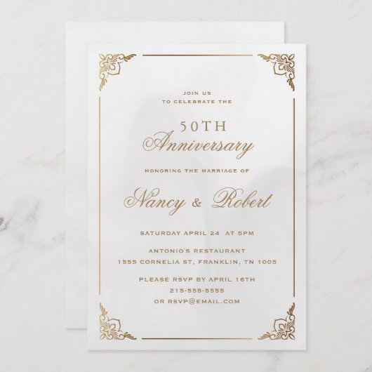 Invitation Gold Frame Ornate Cream 50e anniversaire Mariage (Devant / Derrière)