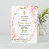 Invitation Gold frame pink blush floral baptism (Debout devant)