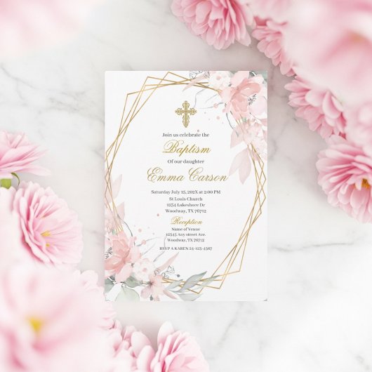 Invitation Gold frame pink blush floral baptism