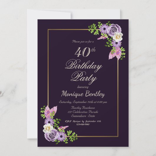 Invitation Gold Frame Purple Floral 40e fête d'anniversaire (Devant)
