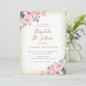 Invitation Gold Frame rose Floral Fête des mariées espagnole (Debout devant)