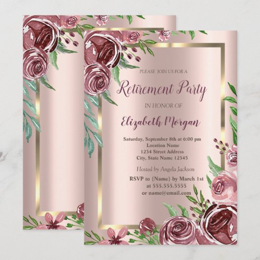 Invitation Gold Frame, Rose Gold Burgundy Retraite Rose (Devant / Derrière)