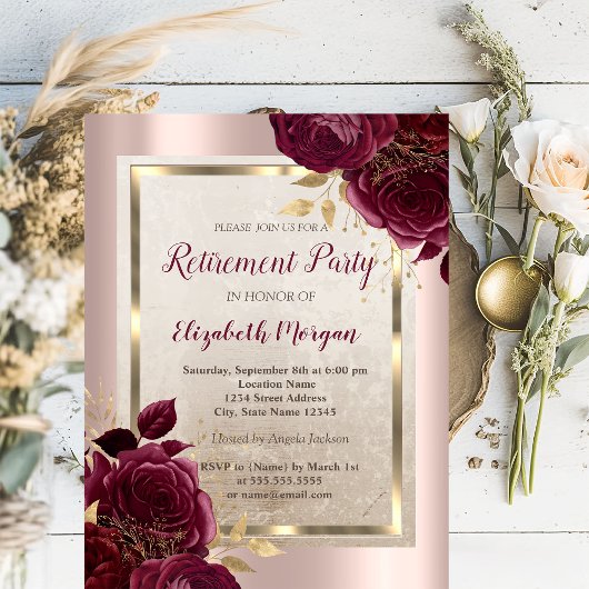 Invitation Gold Frame, Rose Gold Burgundy Retraite Rose