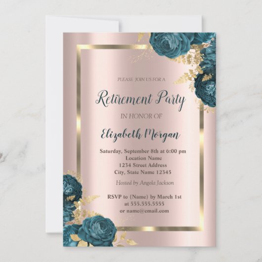 Invitation Gold Frame, Rose Gold Green Flowers Retraite (Devant)