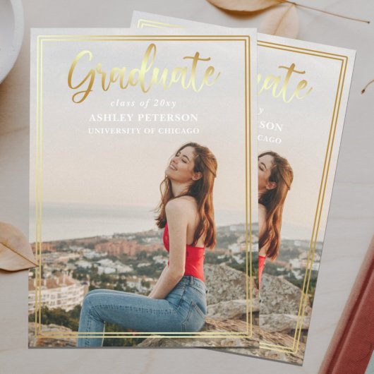 Invitation Gold Frame Script Modern Full Photo Graduation