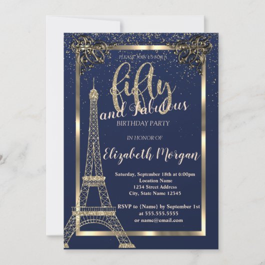 Invitation Gold Frame, Tour Eiffel Bleu 50e anniversaire (Devant)