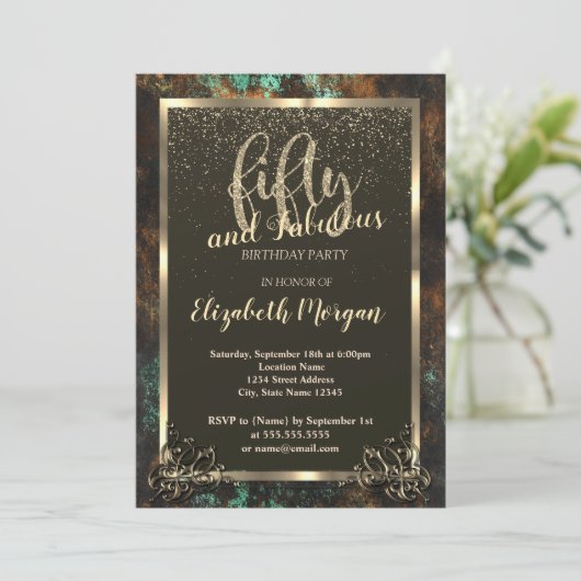 Invitation Gold Frame Turquoise Cooper Patina 50e (Debout devant)