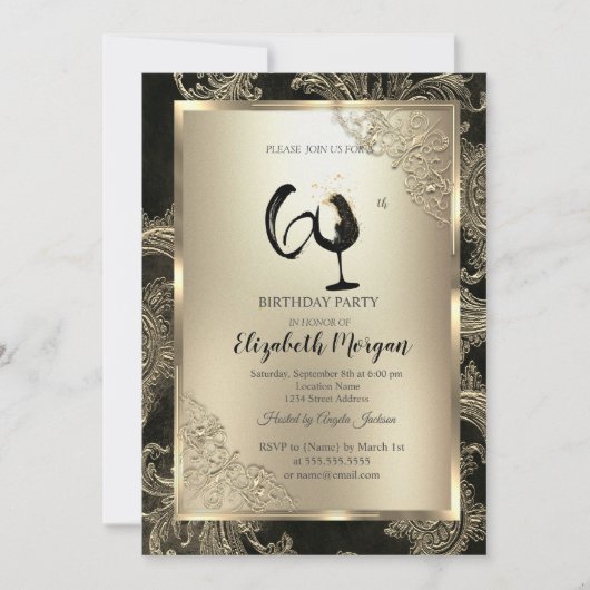Invitation Gold Frame Wine Glass Floral Damask 60th Birthday  (Devant)