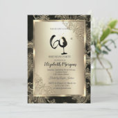 Invitation Gold Frame Wine Glass Floral Damask 60th Birthday  (Debout devant)