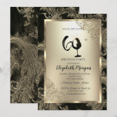 Invitation Gold Frame Wine Glass Floral Damask 60th Birthday  (Devant / Derrière)