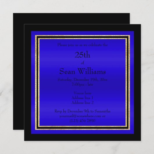 Invitation Gold Frames Blue & Black Man's Birthday (Devant / Derrière)