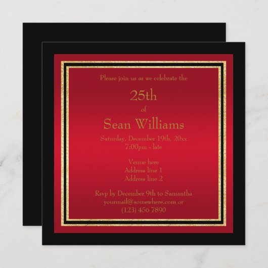 Invitation Gold Frames Red & Black Man's Birthday (Devant / Derrière)