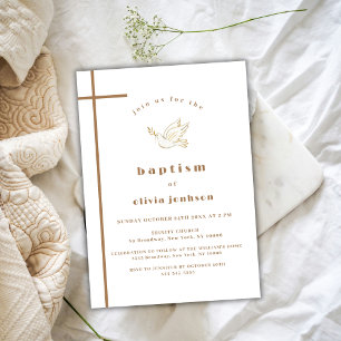 Invitation Gold French Modern Bird Cross Christening Baptême