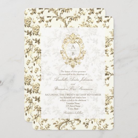 Invitation Gold French Toile Monogramme QR Code Mariage (Devant / Derrière)