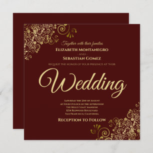 Invitation Gold Frills Auburn Brown Elegant Carré Mariage