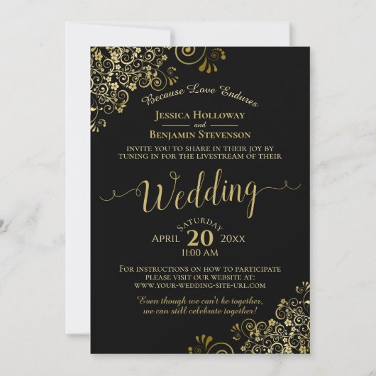 Invitation Gold Frills Black Virtual Mariage Livestream (Devant)