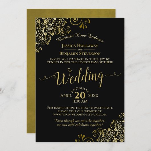 Invitation Gold Frills Black Virtual Mariage Livestream (Devant / Derrière)