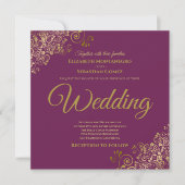 Invitation Gold Frills Cassis Purple Elegant Carré Mariage (Devant)