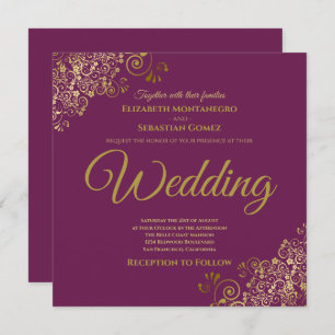 Invitation Gold Frills Cassis Purple Elegant Carré Mariage