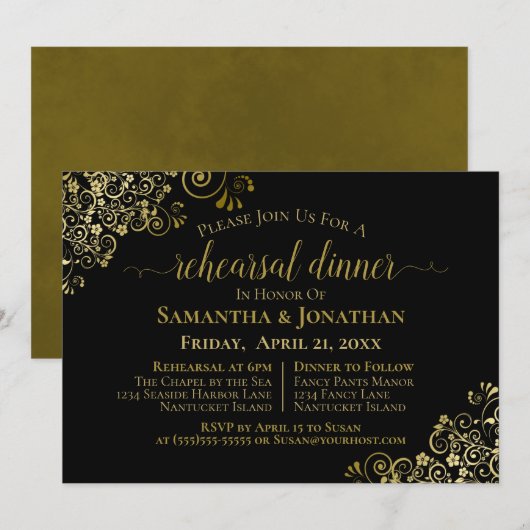 Invitation Gold Frills Chic Black Mariage Répétition et dîner (Devant / Derrière)
