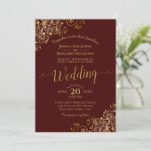 Invitation Gold Frills Elegant Auburn Brown Mariage (Debout devant)