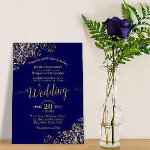 Invitation Gold Frills Elegant Mariage bleu marine