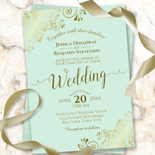 Invitation Gold Frills Elegant Neo Mint Green Mariage