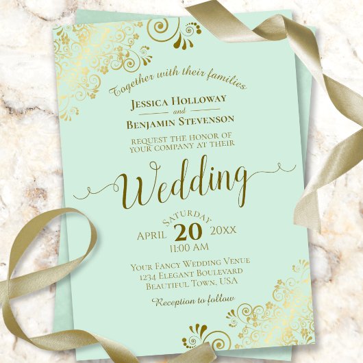 Invitation Gold Frills Elegant Neo Mint Green Mariage