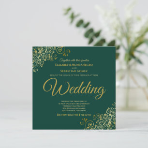 Invitation Gold Frills Emerald Green Elegant Carré Mariage
