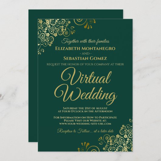 Invitation Gold Frills Emerald Green Elegant Mariage virtuel (Devant / Derrière)
