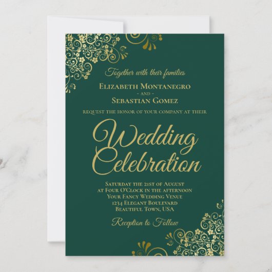 Invitation Gold Frills Emerald Green Elegant QR Code Mariage (Devant)