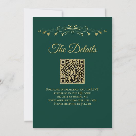 Invitation Gold Frills Emerald Green Elegant QR Code Mariage (Dos)