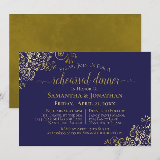 Invitation Gold Frills Marine Blue Mariage Revue et dîner (Devant / Derrière)