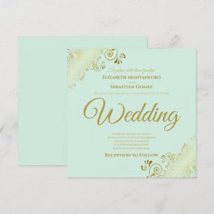 Invitation Gold Frills Neo Mint Green Elegant Carré Mariage