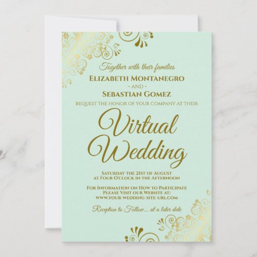 Invitation Gold Frills Neo Mint Green Elegant Mariage virtuel (Devant)