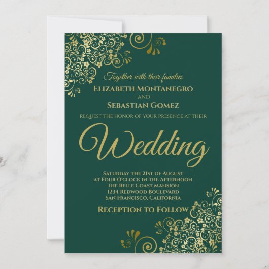 Invitation Gold Frills Simple Chic Emerald Green Mariage (Devant)