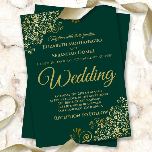 Invitation Gold Frills Simple Chic Emerald Green Mariage