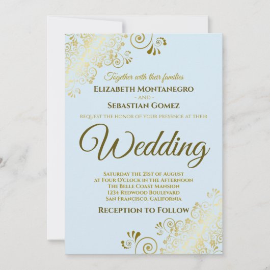 Invitation Gold Frills Simple Chic Poudre Mariage Bleu (Devant)